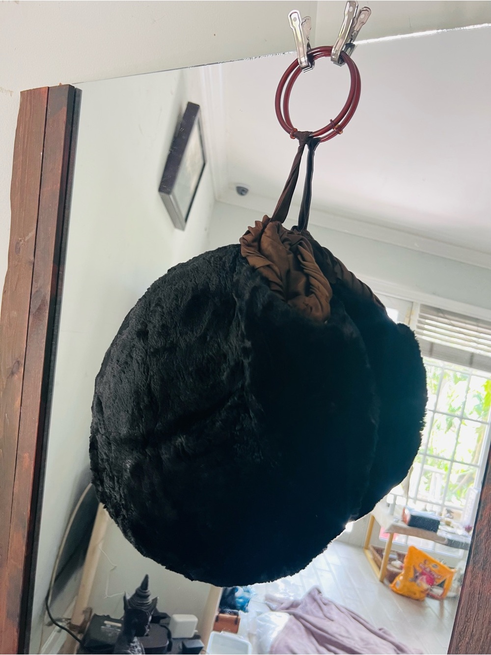 Antique Black Mink Fur Muff - one muff hole needs re-stitched